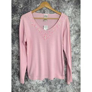 Butterfly Brand Pink Knit Sequin Beaded V neck Sweater Top women's Medium
